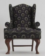 1:12 DOLLHOUSE MINIATURE WING BACK ARM CHAIR~BLUE CLOTH w/PATTERN~VERY GOOD COND, used for sale  Shipping to South Africa