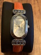 Silver Tone Oval Case Orange Faux Leather Band Watch 9 Inch New Battery for sale  Shipping to South Africa