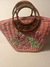 Used, Vintage Woven Wicker Rattan Straw Handbag Tote Purse Bag Basket Boho Pretty Pink for sale  Shipping to South Africa