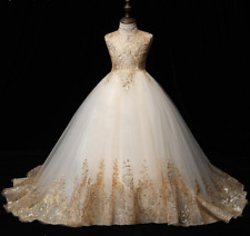 Used, Flower Girl Tutu Long Dress Golden Sequin Lace Party Dresses Evening Princess for sale  Shipping to South Africa