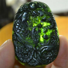 Collar colgante chino negro verde jade tallado a mano dragón fénix amuleto regalo segunda mano  Embacar hacia Mexico