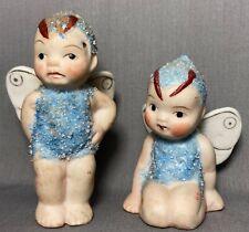 Vintage Pair Butterfly Pixie Angel Figurines Blue Coralene Japan 50's Sugar Snow for sale  Shipping to South Africa