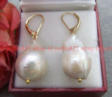 Real Huge 14x21mm South Sea White Kehsi Baroque Pearl Gold Dangle Earrings for sale  Shipping to South Africa