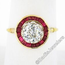 Antique 18k Gold & Platinum GIA Old European Diamond Ruby Halo Engagement Ring, used for sale  Shipping to South Africa