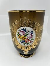 Vintage BOHEMIAN CZECH CRYSTAL Smoke Glass VASE GOLD Rose HAND Painted 8 1/8” for sale  Shipping to South Africa