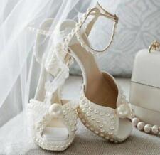 Sandálias femininas elegantes peep toe pérolas fivela alça sapatos casamento noiva salto alto comprar usado  Enviando para Brazil