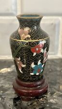 Vintage Miniature Black Asian Cloisonné Vase Enamel Over Brass 2” Floral w Stand for sale  Shipping to South Africa