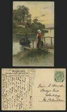 Cartão postal antigo desenhado por artista 1907 casa de campo barco rio mulher comprar usado  Enviando para Brazil