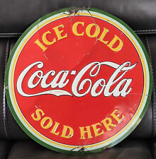 ORIGINAL EARLY 1930's ICE COLD COCA COLA SOLD HERE ROUND 4 COLOR TIN SIGN for sale  Shipping to South Africa