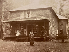 1890s PENNSYLVANIA HOME - BOYS ON TREE STUMP antique mounted photograph 5"x5" in, used for sale  Shipping to South Africa