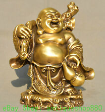 Usado, Bolsa de dinero con muleta de bronce puro de 9,8" calabaza Happy Laugh Maitreya estatua de Buda segunda mano  Embacar hacia Argentina