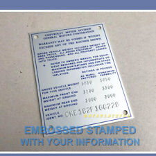 EMBOSSED CHEVROLET PLATE DATA TAG 1972 C10 C20 TRUCK BLAZER for sale  Shipping to Canada
