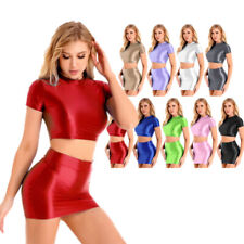 Roupas femininas brilhantes 2 peças top cropped óleo brilhante com mini saias lisas clubwear comprar usado  Enviando para Brazil