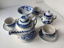 Vintage Gzhel tea set for 3 persons with teapot and candy bowl. ORIGINAL . for sale  Shipping to South Africa