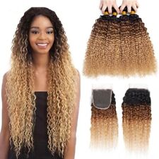 Curly Human Hair Bundles With Closure Ombre Hair Weave  Blonde 3/4 Bundles for sale  Shipping to South Africa