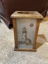 Vtg Wooden Tealight Saltbox Lantern Lighthouse Sandblast Glass Panel Table Hang for sale  Shipping to South Africa