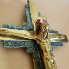 Crucifijo de bronce liso de 12"" Jesús en cruz testamento colgante de pared hecho en Bélgica segunda mano  Embacar hacia Argentina