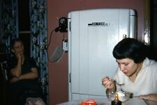 1950s Red Border Kodachrome 35mm Slide Pretty Lady Eating Ice Cream Cool Fridge for sale  Shipping to South Africa