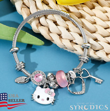 Brazalete de plata Hello Kitty arco rosa dijes de circonio cúbico joyería segunda mano  Embacar hacia Argentina