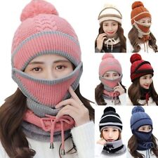 Conjunto de cachecol feminino de malha quente gorro chapéu botão máscara facial pele sintética pom boné bobble comprar usado  Enviando para Brazil