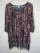 Velvet Burnout Tunic Top Womens 1X Purple Beige Fringe Boho Lagenlook Plus Size for sale  Shipping to South Africa