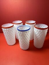 5 MacBeth Evans MacHob Blown Milk Glass Hobnail Tumblers Red Blue Stripe Rim, used for sale  Shipping to South Africa
