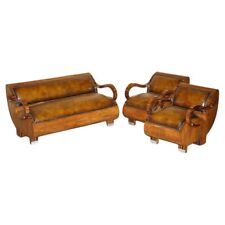 Used, FULLY RESTORED ART DECO CIRCA 1920'S ZEBRANO BROWN LEATHER SOFA ARMCHAIR SUITE for sale  Shipping to South Africa