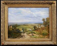 c. 1830 LARGE FRENCH LANDSCAPE OIL ON CANVAS - FIGURES BY VILLAGE OUTSIDE PARIS, used for sale  Shipping to South Africa