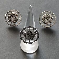 💍 Steampunk anello regolabile + orecchini fatti a mano ingranaggi color argento usato  Italia