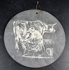 Used, Black Slate Slice Circular Stone Wall Hanging Décor Woman Milking Cow Design  for sale  MAIDSTONE