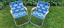 2 Vintage Aluminum Folding Chair Beach Lawn Webbed Blue/White Vtg Camping Chairs for sale  Shipping to South Africa