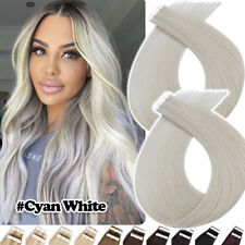 CYAN WHITE Tape In 100% Real Remy Human Hair Extensions Invisible Skin Wefts USA for sale  Shipping to South Africa
