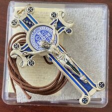 Colar amuleto cruz esmalte azul prata pingente crucifixo São Bento grande 3 polegadas, usado comprar usado  Enviando para Brazil