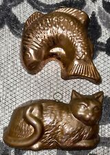 Vintage Large Copper Finish Cake Jello Mold Cat & Fish Wall Hanging Kitchen Lot for sale  Shipping to South Africa