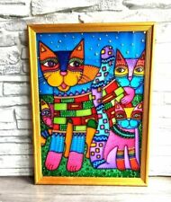Used, Rainbow Cats painting on glass Family of four Home wall decor Wall hanging for sale  Shipping to Canada