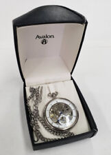 Vintage Avalon 17 Jewel Silver Mechanical Skeleton Pocket Watch w Chain 8619, used for sale  Powell