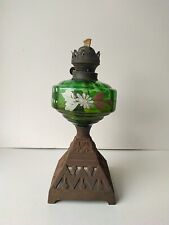 Antique Victorian Art Nouveau Oil Lamp Hand Painted Green Glass Iron Base Lamp for sale  Shipping to South Africa