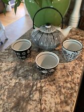 Pier 1 AKINA Tea Pot w 3 Cups Hand-Painted Porcelain Black & White Teapot w Cups for sale  Shipping to South Africa