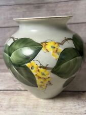 Vtg Large Handpainted Charleton Glass Vase Yellow Flowers Green Pothos Leaves 8” for sale  Shipping to South Africa