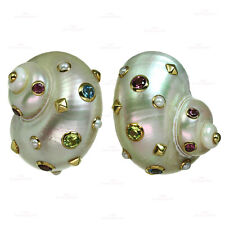 TRIANON Multicolor Gemstone Mother-of-Pearl Shell Yellow Gold Clip-on Earrings for sale  Shipping to South Africa