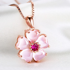Huge Rose Gold Plated Flower Rose Quartz Gemstone Silver Women Necklace Pendants, used for sale  Shipping to South Africa