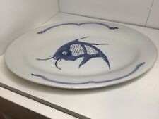 1 x Koi Carp Plate. Oval Chinese Blue White Porcelain 12” Vintage. Hand Painted. for sale  Shipping to South Africa