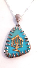 Vintage  14K Gold  Menora  necklace with turquoise  and silver .Jewish Jewelry for sale  Shipping to South Africa