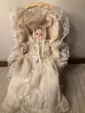 Porcelain Musical Baby In A Wicker Cradle Bassinet 9-1/2" Doll in Dress & Bonnet for sale  Shipping to South Africa