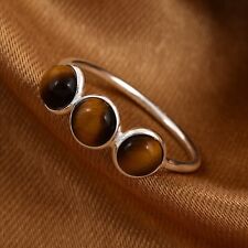 Sterling Silver 925 Tigers Eye Three Stone Ring Mothers Day Gift Jewelry J24 for sale  Shipping to South Africa