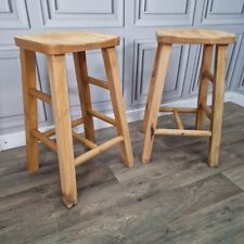 Pair Of 2 Retro Solid Wooden Shaped Tall Breakfast Bar Stools Pub Bar Seats for sale  Shipping to South Africa