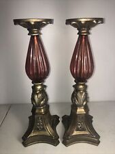 Conjunto de 2 castiçais pilares ornamentados de 16” para velas redondas de 3”, vidro e metal comprar usado  Enviando para Brazil