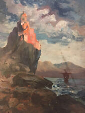 Very beautiful painting hst canvas marouflé 1900 waterfront old table rock till salu  Toimitus osoitteeseen Sweden