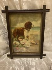 Antique Large Framed Print of Dog on Guard Guarding Young Girl 14” x 18” Frame for sale  Shipping to South Africa
