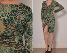 Używany, Rozmiar 8 Dopasowana seksowna sukienka z wzorem kugura zielona beżowa przód rozcięta obcisły długi rękaw na sprzedaż  PL
